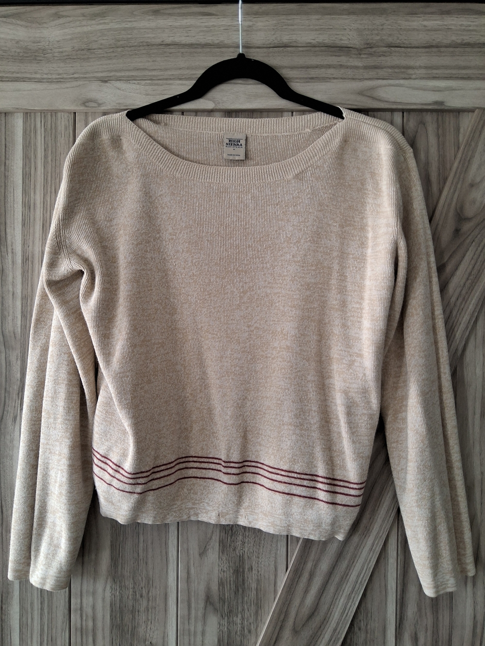 High Sierra Cream Crewneck Sweater with Maroon Hem Stripes